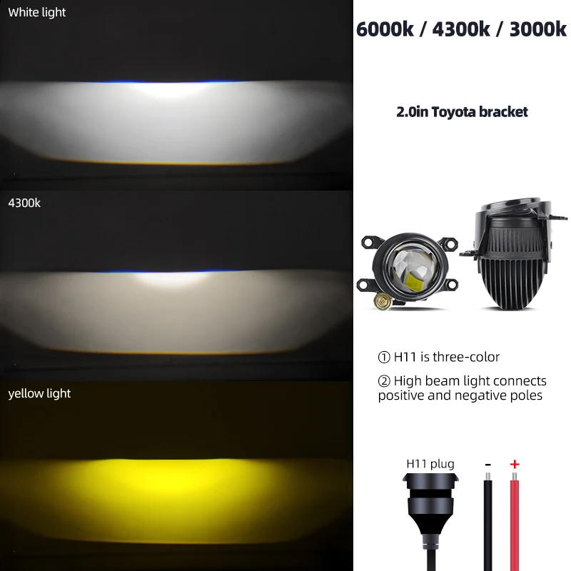 

2,0-дюймовый мини-проектор с линзой, противотуманная фара для Toyota, светодиодные фары, белый свет, 6000K, 3000K, светодиодные противотуманные фары, 12 В, универсальные