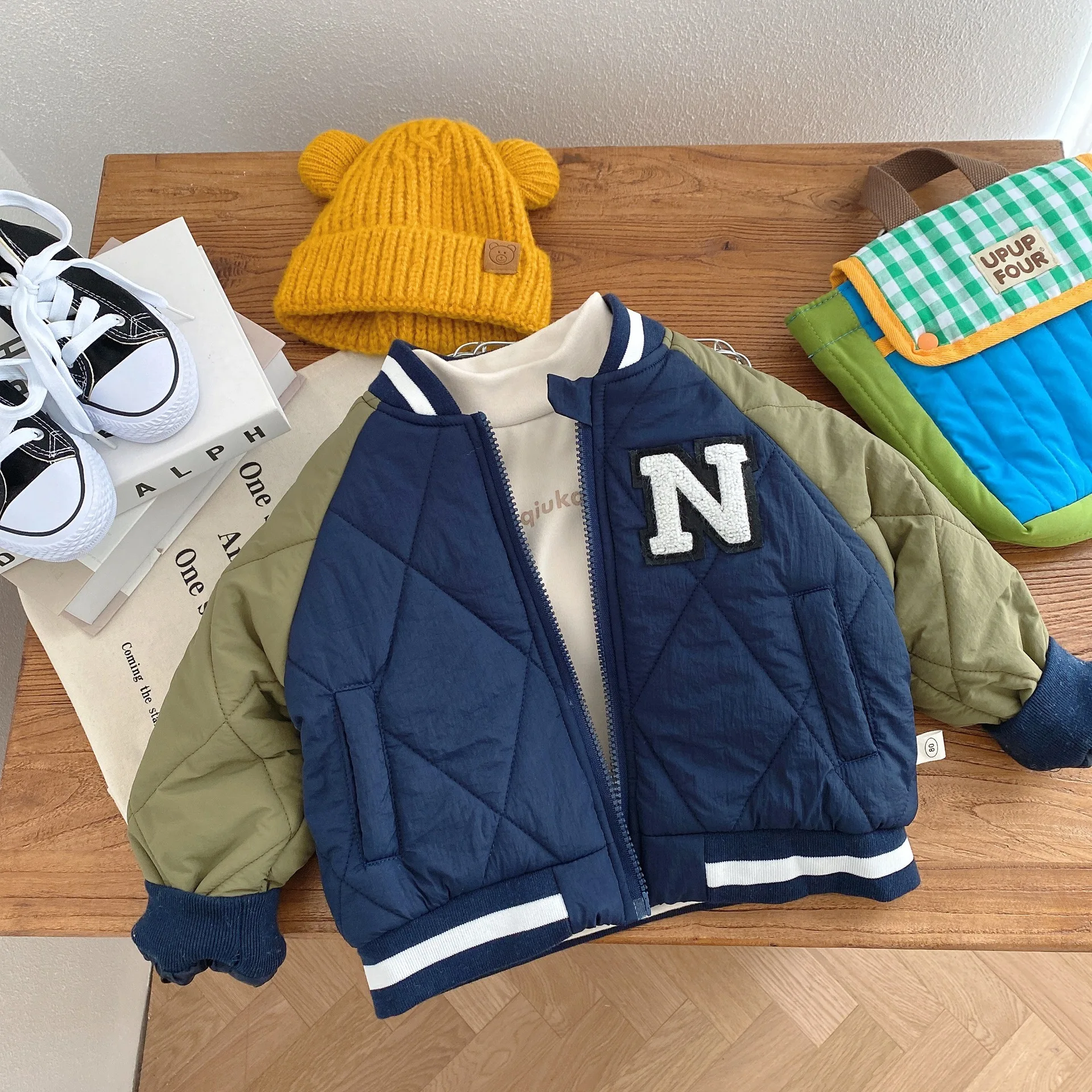 

New Winter 1-6 Years Boy Girl Children Letter Baseball Coats Fashion Baby Plaid Casual Long Sleeve Tops Kid Cotton Pocket Jacket