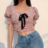 cute sweet pink floral print square collar tops summer women korean y2k cropped tshirts aesthetic kawaii bow puff sleeve tees