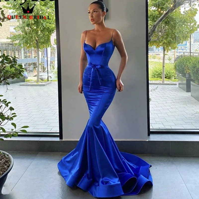 

Royal Blue Prom Dresses Spaghetti Straps Silk Satin Bow Belt Mermaid Abendkleider Zipper Back vestidos de fiesta de noche LP16