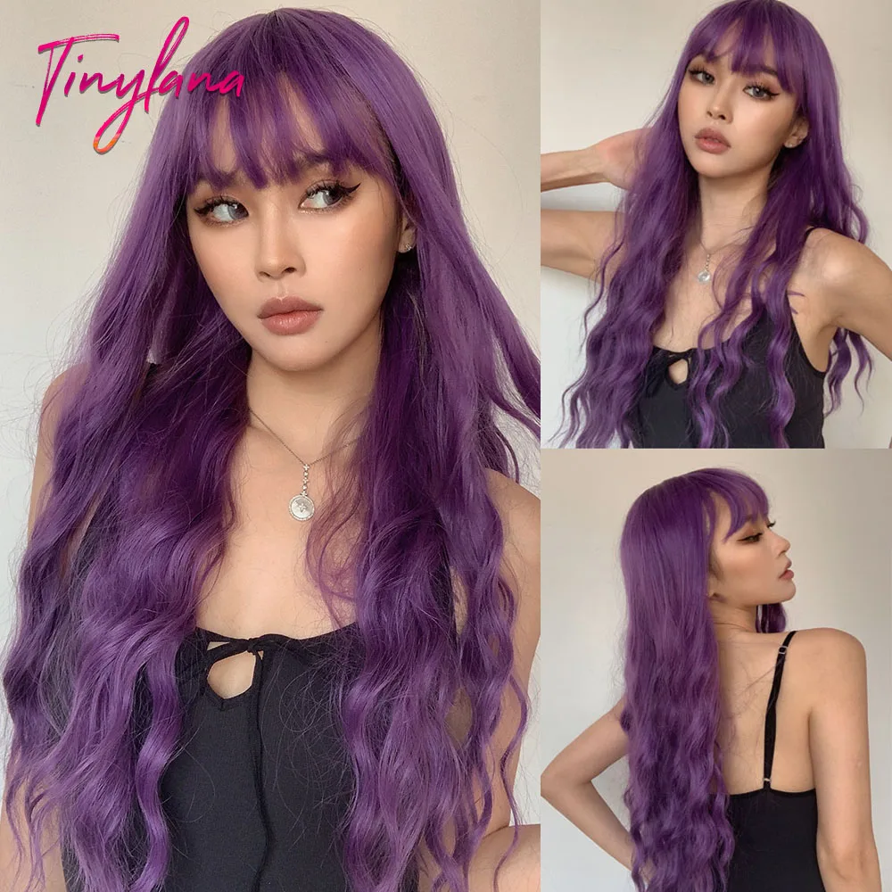 Long Purple Synthetic Body Wavy Wig with Bangs for Black Women Cosplay Party Christmas Halloween Wigs Daily Natural Hair