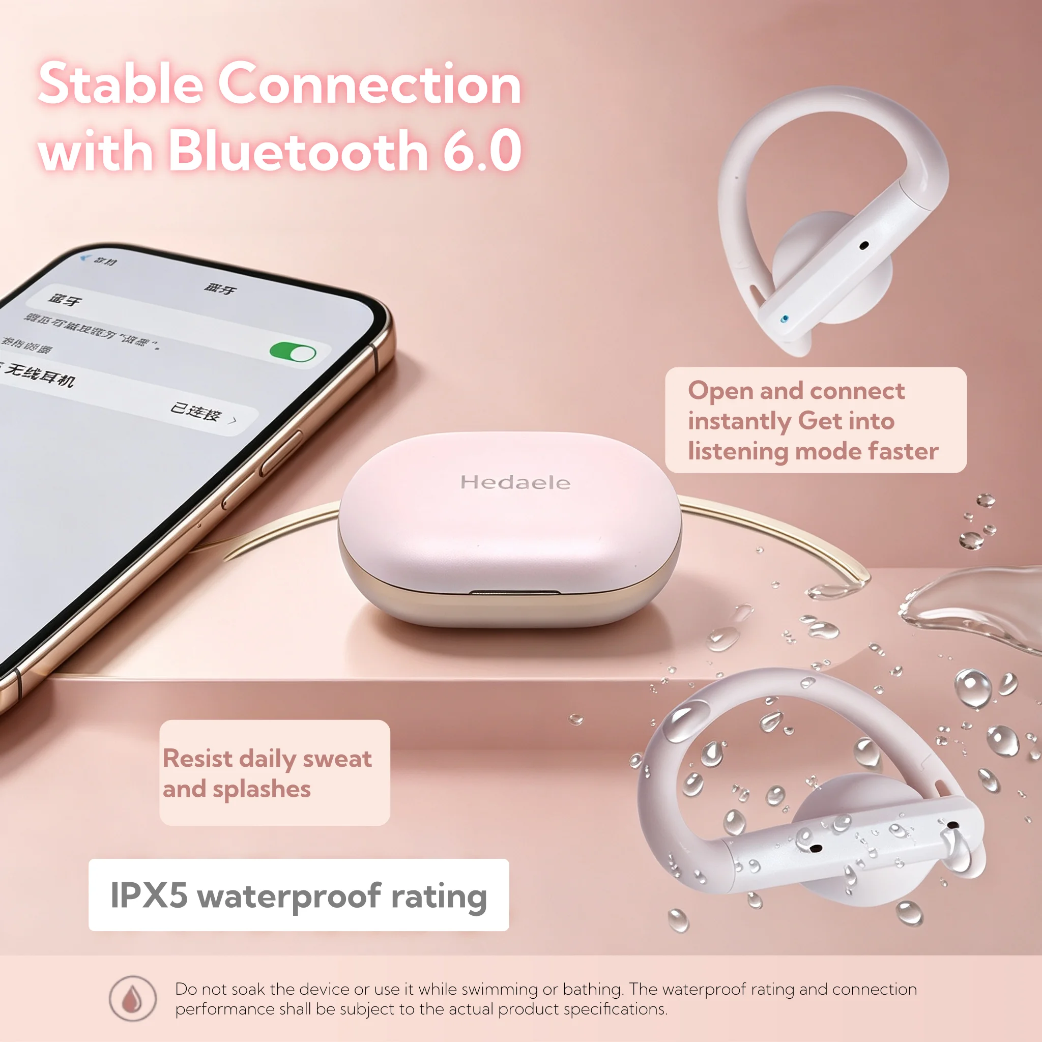 Фото Беспроводные наушники Hedaele D14 OWS с открытым ухом, Bluetooth V6.0, 13-мм композитная диафрагма, цифровой дисплей, Type-C, спортивные наушники №3
