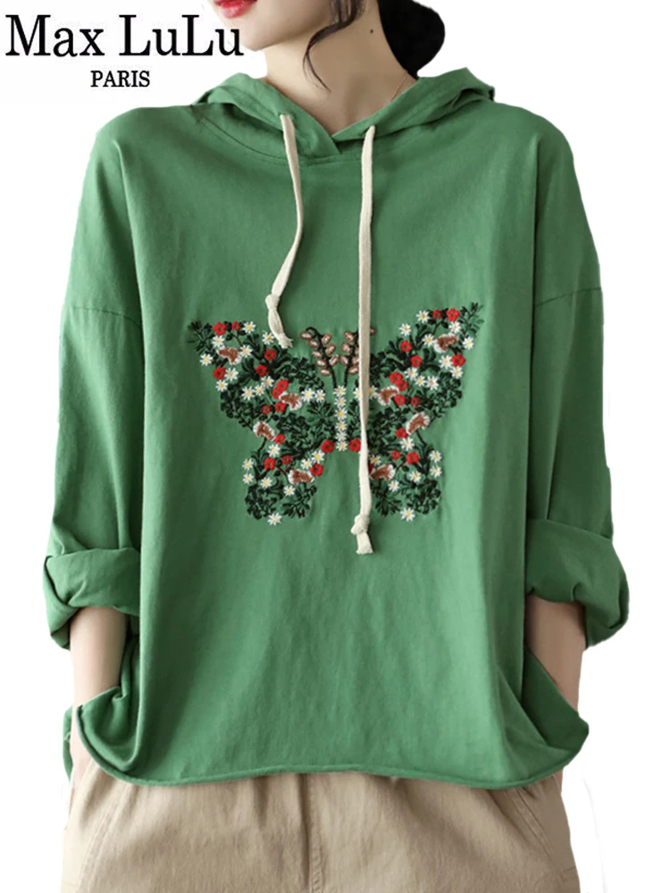 

Max LuLu European Style Fashion Embroidery Design Hooded Womens Tops New 2022 Spring Floral Loose Casual Tee Shirts Punk Clothes