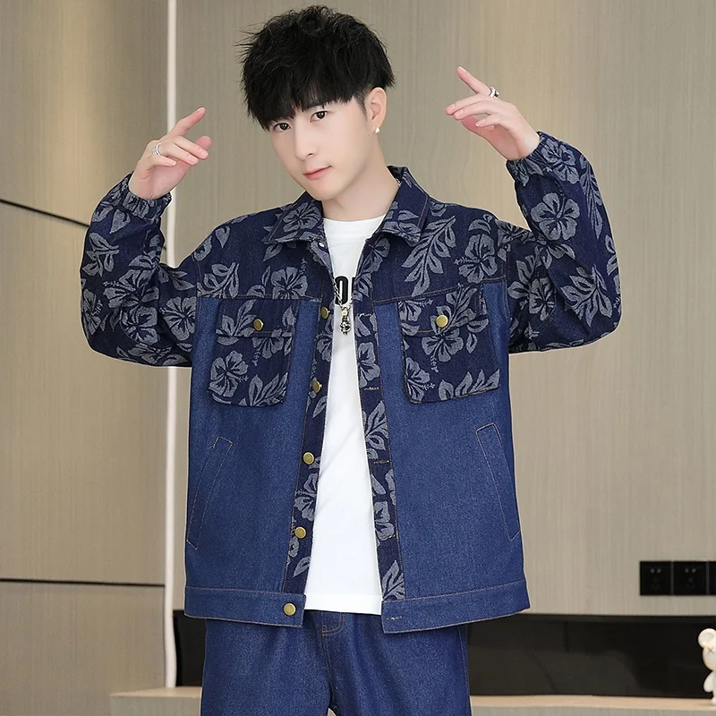 Куртка мужская с принтом Повседневная рубашка множеством карманов воротником