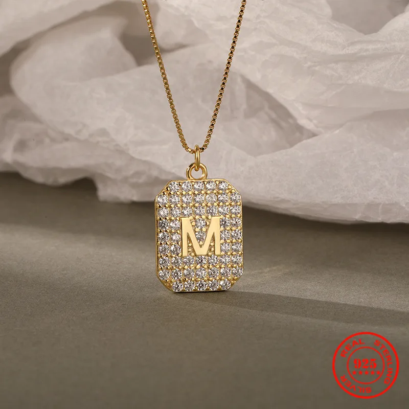 

YIZIZAI New Luxury Sterling Silver Zircon M Alphabet Pendant Chain Necklace Punk Hip-Hop Style Woman Man Initial Name Jewelry