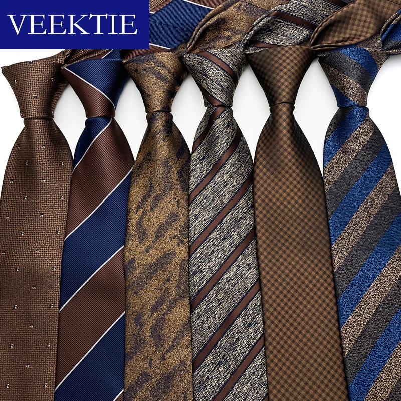 VEEKTIE Brand Old Fashion Striped Neckties For Men Classic Check Floral Printing Pattern Brown Black Retro Business Formal Suits