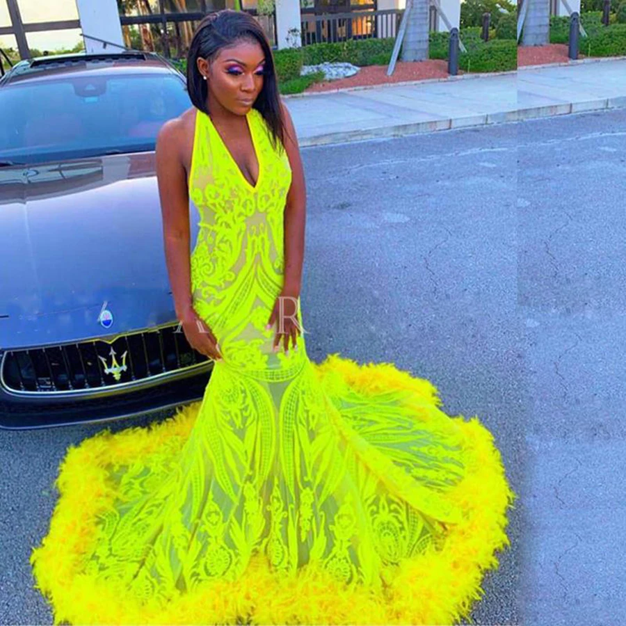 

Bright Color African Prom Dresses Halter Lace Mermaid Aso Ebi Evening Gowns Feather Sweep Train Formal Party Dress 2k22 Robe