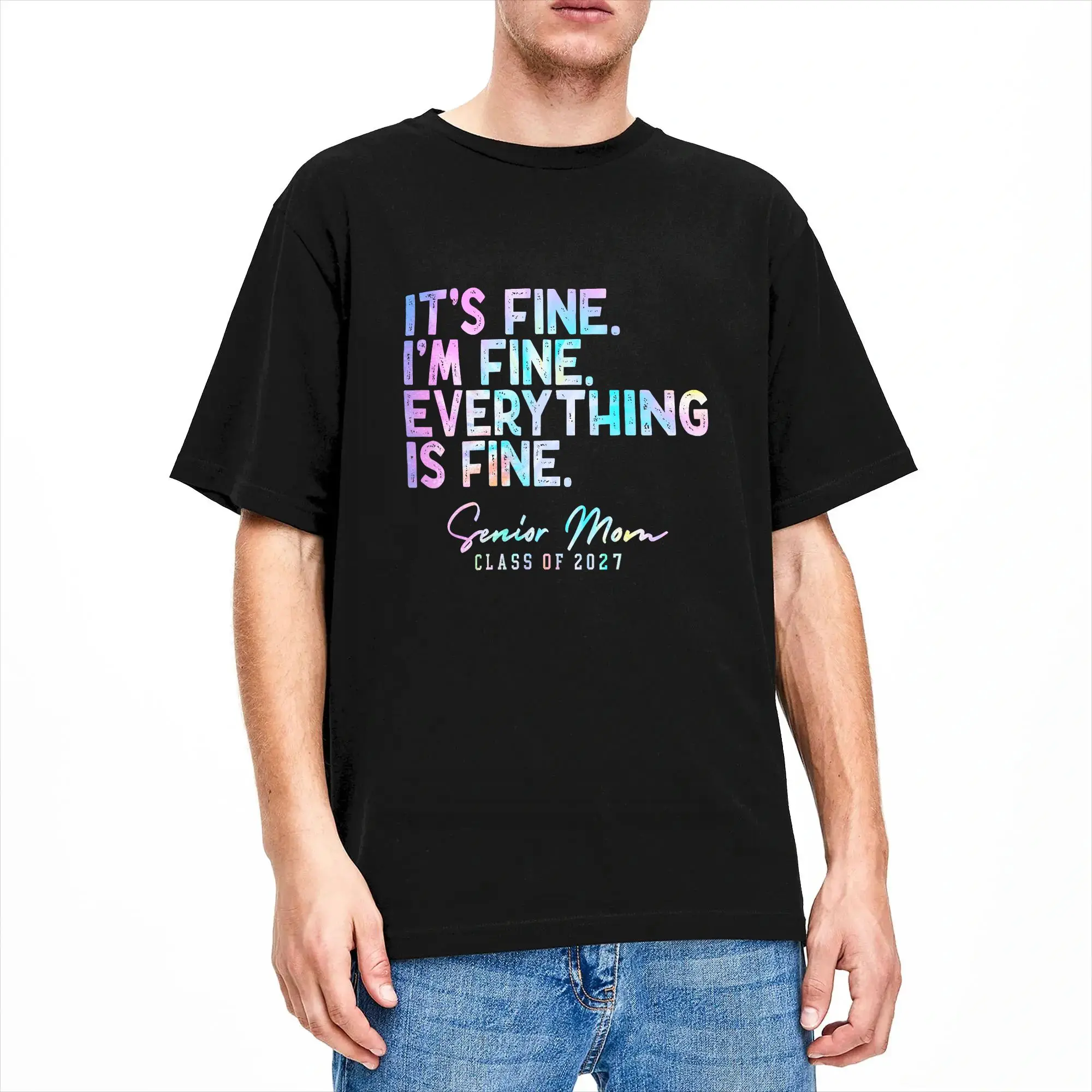 Фото Футболка Tie Dye I'm Fine Everything is Fine Senior Mom Class of 2027 из 100% хлопка для мужчин, пляжная уличная одежда, футболки с круглым вырезом №2
