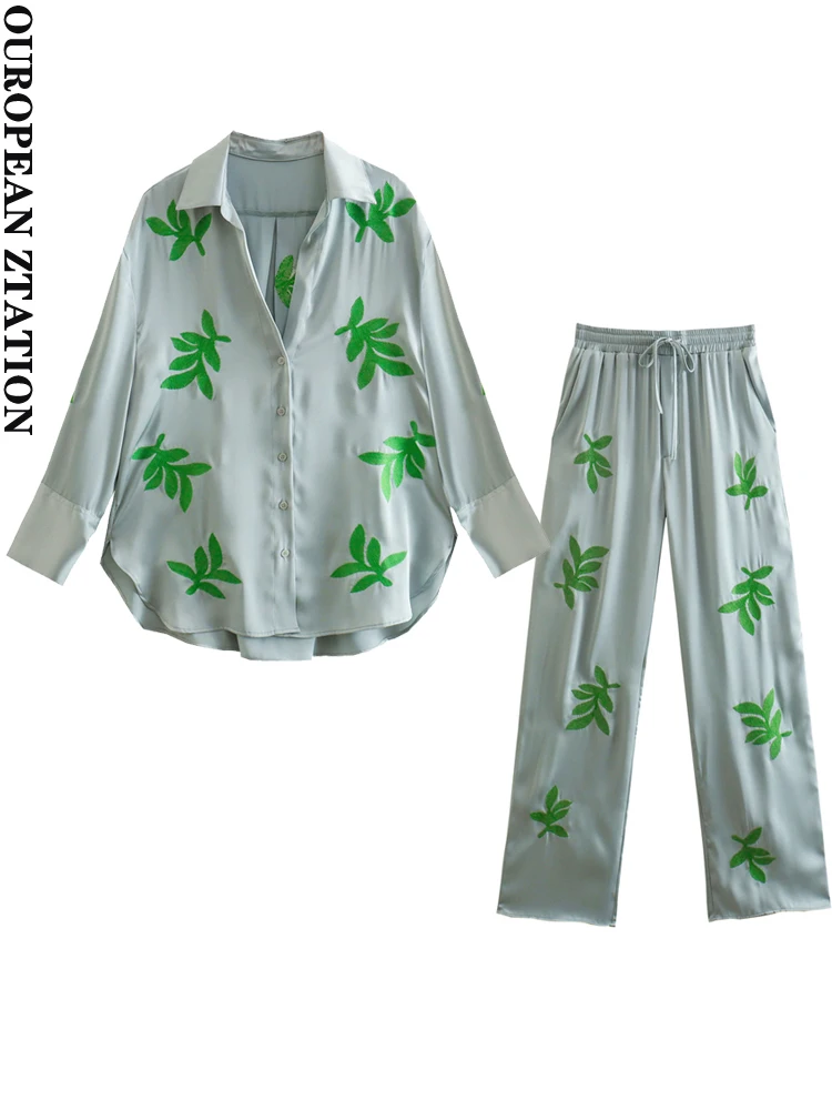 

PAILETE Women 2022 fashion embroidered leaf print shirt or high waist drawstring embroidery trousers two piece sets mujer