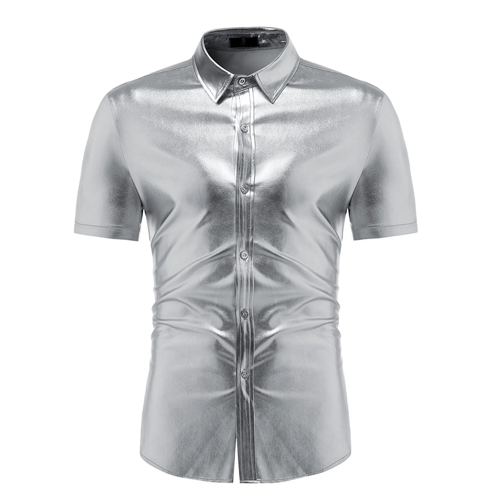 

Mens Metallic Button Down Shirts Clubwear Shiny Short Sleeve Shirt for 70s Disco Dance Party Nightclub Stage Performance