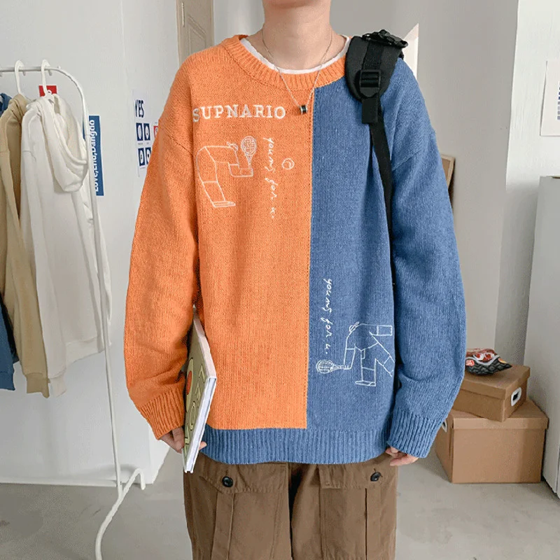 

2022 Pullovers Men Patchwork Sweater Letter Knitted Autumn Outwear Harajuku Trendy O-Neck Retro Chic Streetwear Ulzzang Loose