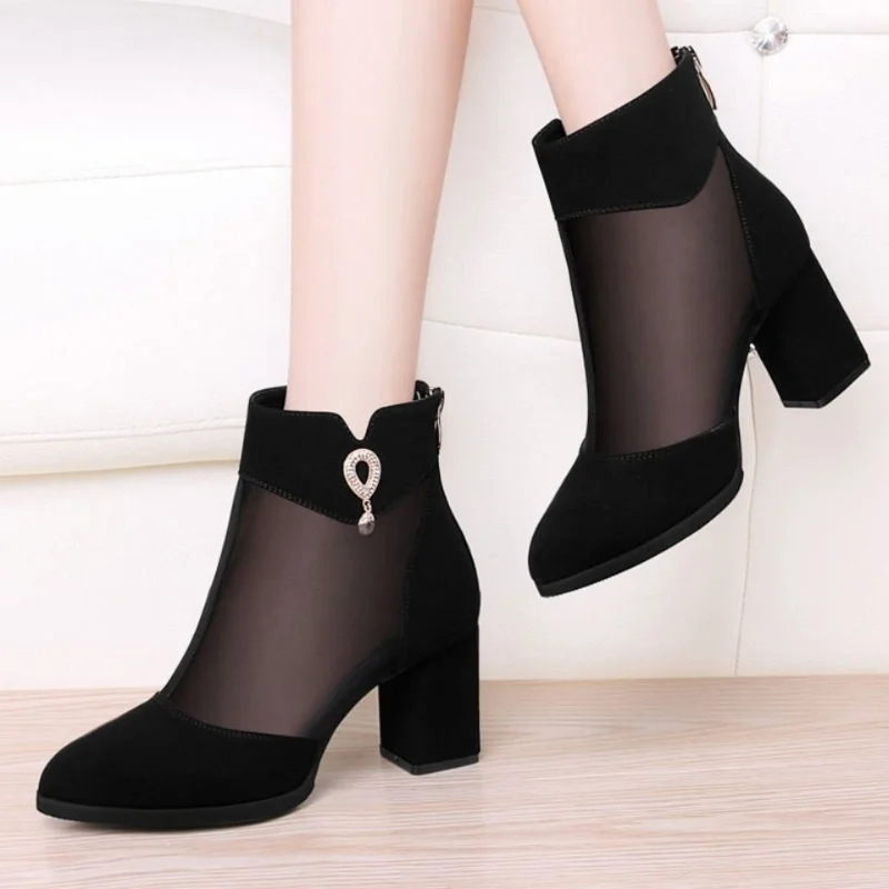

Spring and Summer Women's Boot Vintage Block Heel Ankle Boots Zipper High Heels Women Shoes Big Sizes Botines Mujer Breathable