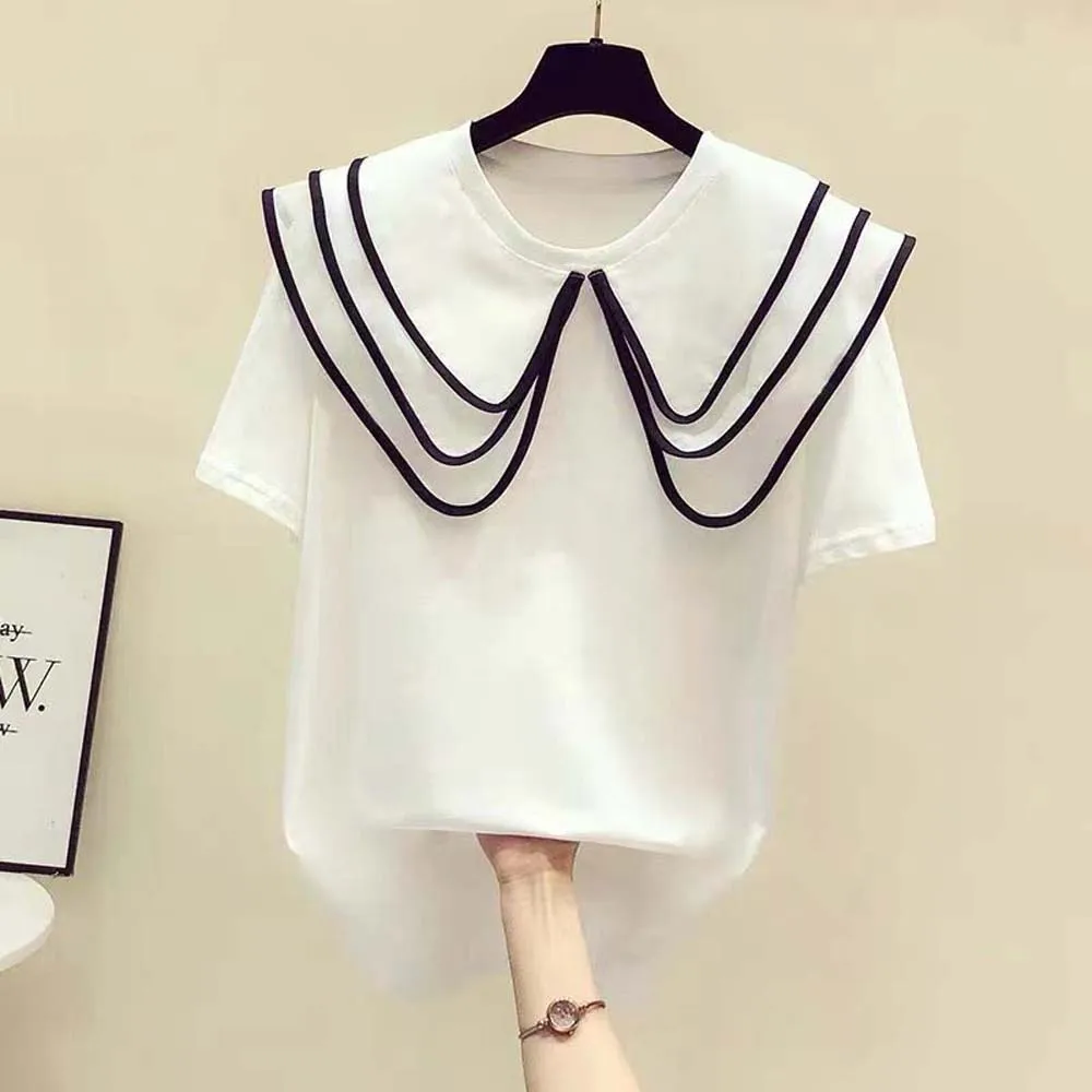 

T-shirt White Loose Slim Irregular Collar Short-sleeved T-shirt Pullover Young College Clothing Ladies Top Summer 2022 Korean