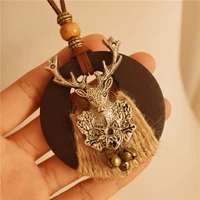 8seasons fashion jewelry handmade vintage leather rope necklace wood round pendants dull silver color deer bells tassel 1 piece