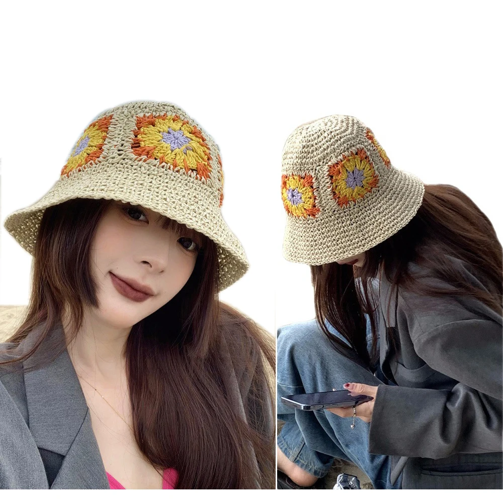 

Women Raffia Straw Beach Hat 100% Handmade Crochet Bohemian Girl Sun Hats Wide Brim Summer Floppy Panama Cap Female Bucket Hat