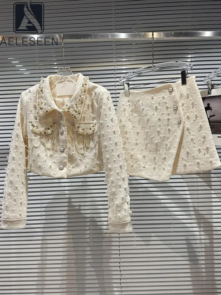 

AELESEEN Fashion Designer 2022 Autumn Winter Suit Women Beige Jacket+Mini Skirt Luxury Pearls Beading Hearts Print Office Set
