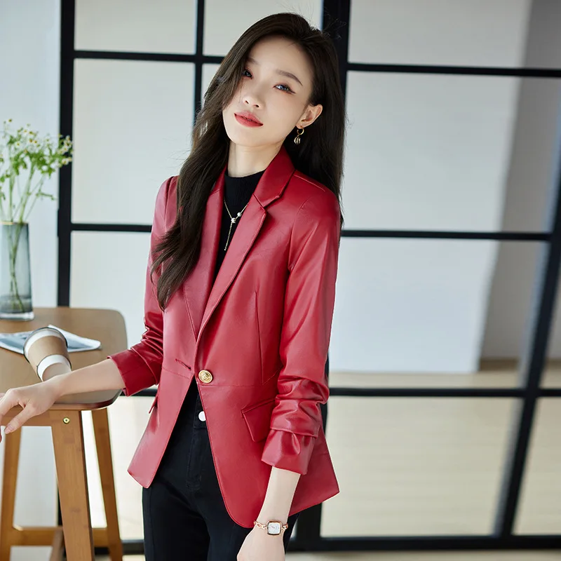 

Red Leather Suit Jacket Women's Short Autumn High-class Slim Casual Leather Suit Formal Office Lady Single Button Suit Suede
