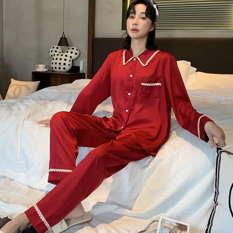 Осенняя Повседневная парная атласная рубашка с длинным рукавом и брюки пижамный