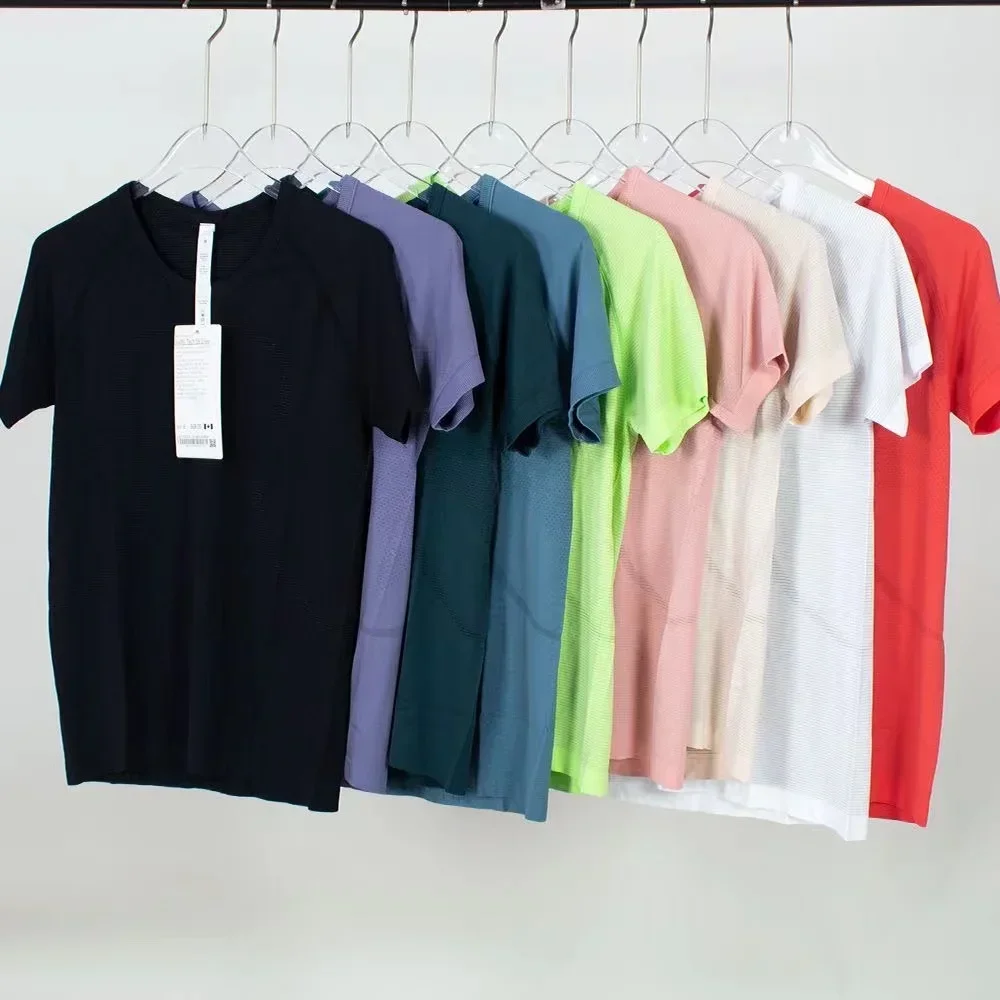 

Футболка Lulu для йоги 2,0, женская вязаная спортивная быстросохнущая футболка с коротким рукавом и круглым вырезом для тренажерного зала, трико, одежда для бега и фитнеса