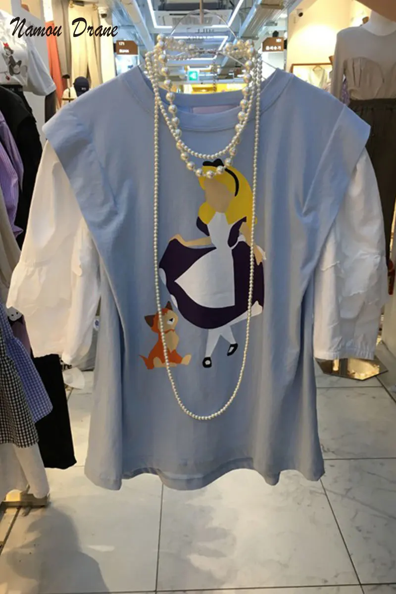 

Namou Drane Summer 2022 New Cartoon Printed Round Collar Lantern Sleeve Sweet Fake Two Short Sleeve T-shirt Top Graphic Tee