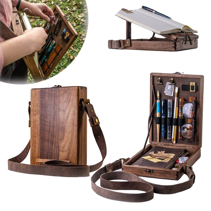 

Retro Wooden Handmade Portable Crossbody Postman Bag Writers Messenger Wood Box,Multi-Function Artist Tool and Brush Storage Box