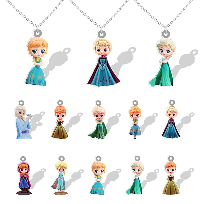 Disney Frozen Princess Cartoon Shape 2D White Back Pendant Anna Elsa Pattern Chain Necklace Epoxy Resin Handmade Jewelry MK111