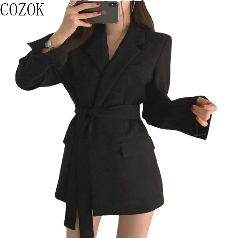 Suit Jacket for Women 2022 Autumn New Temperament Leisure Loose Lace-up Beige Mid-Length Suit Top Fried
