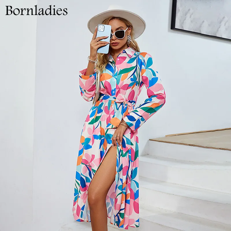 

Женское шифоновое платье с цветочным принтом, V-образным вырезом и длинным рукавом