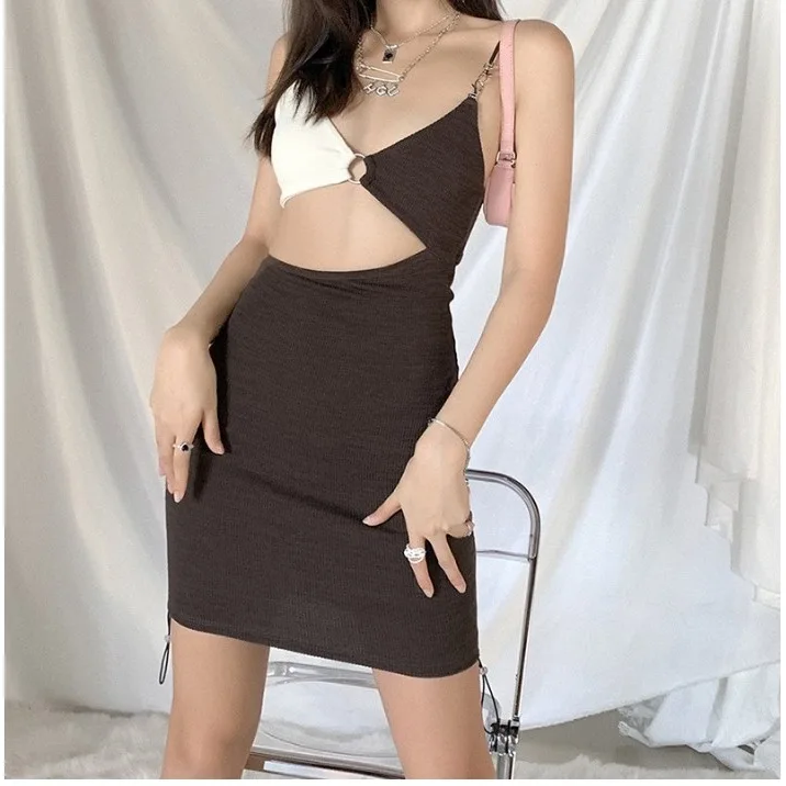 

Women's clothing: net red temperament, elastic contrast color, hollow out suspender party dress, buttock wrapped drawstring