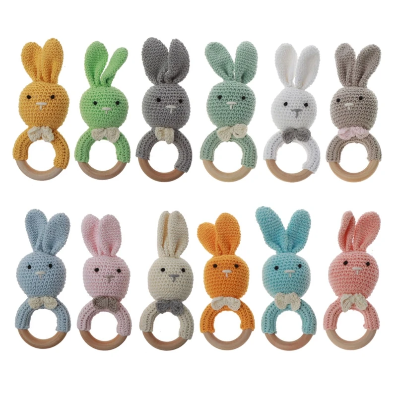 

1PC Baby Rattle Toys Rabbit Crochet Wooden Teething Ring Baby Teether Cot Hanging Toy Baby Products DIY Crafts