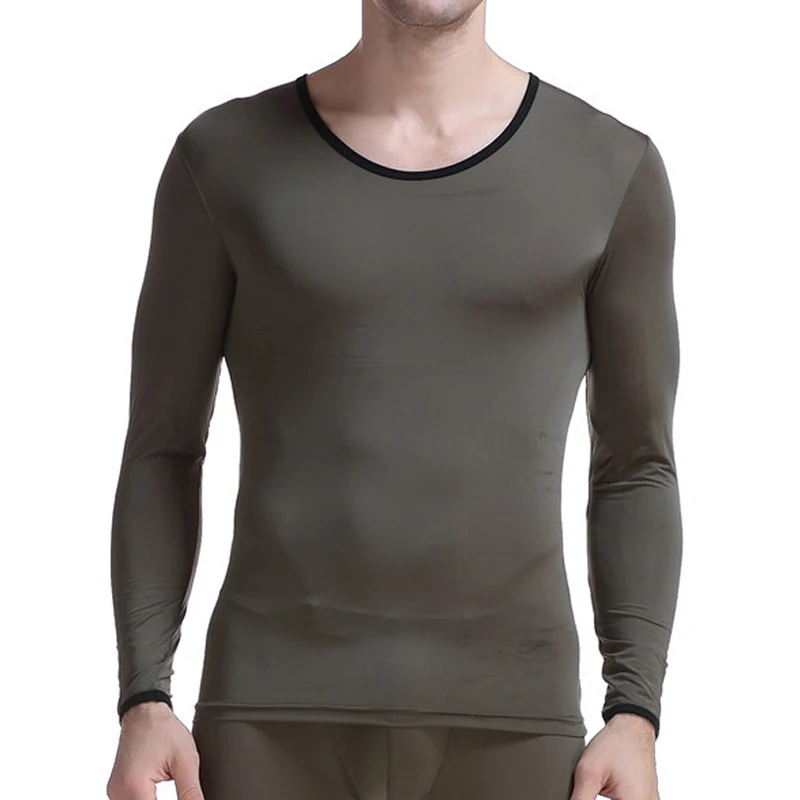 Summer Men's Undershirt Thermal Super Thin Men Ice Silk Solid Underwear Sheer T Shirts Long Johns Male Long Sleeves Tops Tees