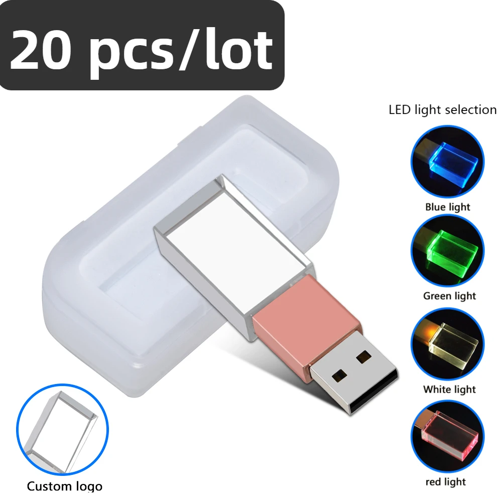 

20PCS/LOT Crystal USB 2.0 Wedding Gift Flash Drives Free Custom Logo Pen Drive 100% Real Capacity Stick 128GB 8GB 16GB 32GB 64GB
