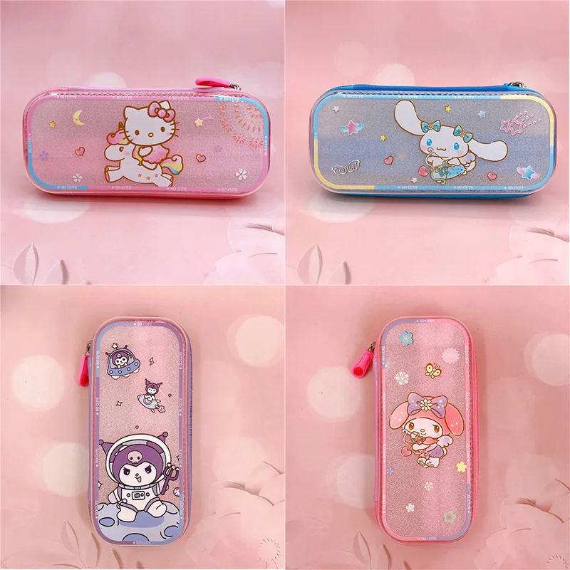 

Милая Sanrio, мультяшная прозрачная сумка для ручек Hello Kitty Kuromi My Melody Cinnamoroll, многофункциональная канцелярская сумка на молнии для хранения