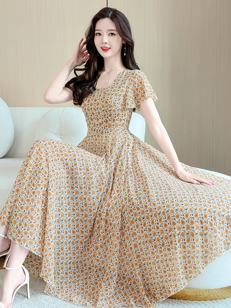 

Summer Clothes For Woman Chiffon Floral Midi Dress Vintage Casual Boho Fashion Elegant Dresses Party Long 2023 Bodycon Prom Chic