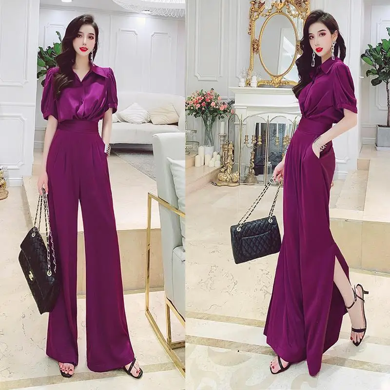 

Женский костюм из двух предметов, Однотонная рубашка и широкие брюки с высокой талией в Корейском стиле, весна-лето 2023