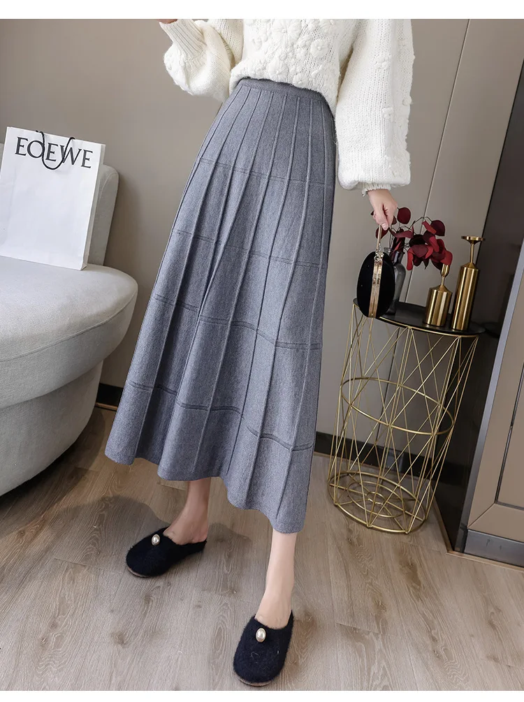 

Женская трикотажная длинная юбка, элегантная плиссированная юбка средней длины с высокой талией и большим подолом, а-силуэт, весна-осень-зима 2023