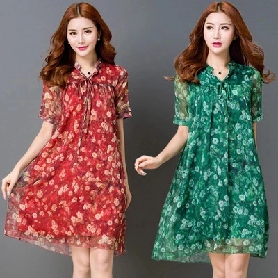 Summer 2024 Korean Sle Plus size Loose Slimming Print Mid-Length Short sleeve Bright Silk Chiffon Dress Beach Skirt Women F... |
