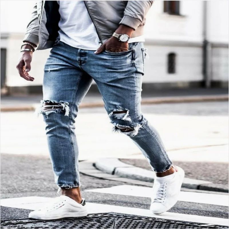 Cowboy Mens Pants Holes Slim Autumn New Stretch Pants Jeans Print Men Clothing