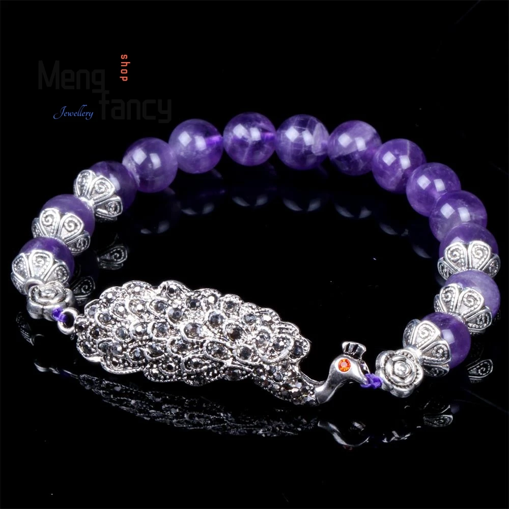 

Natural Amethyst Peacock Opening Screen Bracelet Charms Fashion Fine Jewelry Women Couple Luxury Bangle Souvenir Holiday Gifts