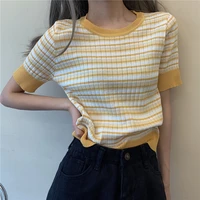 womens hit color round neck striped thin short sleeved sweater womens summer new korean style loose short sleeved top