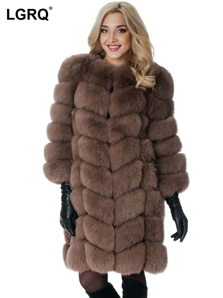

LGRQ 2023 Winter Fashion New Women's Coat Sheath Thicken Soft Warm Solid Loose Full Sleeve Faux Fur Long Jackets Female 19J1376