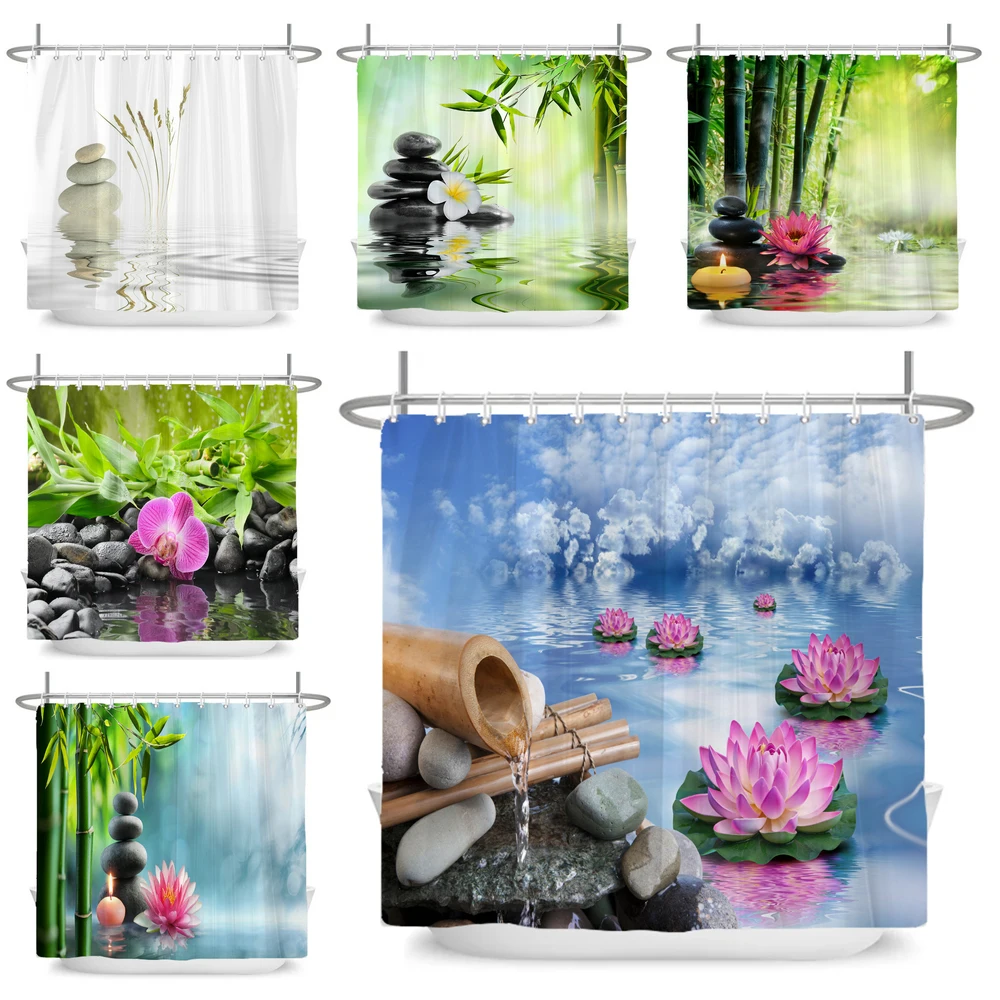 

Zen Spa Lotus Japanese Meditation Shower Curtain Basalt Stones Scent Candles Bamboo Water Home Decor Waterproof Bathroom Curtain