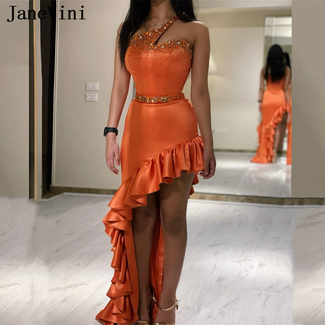 

Роскошное Оранжевое Женское платье для выпускного jaevini, платье с одним открытым плечом и бисером, вечернее официальное платье с блестками для особых случаев