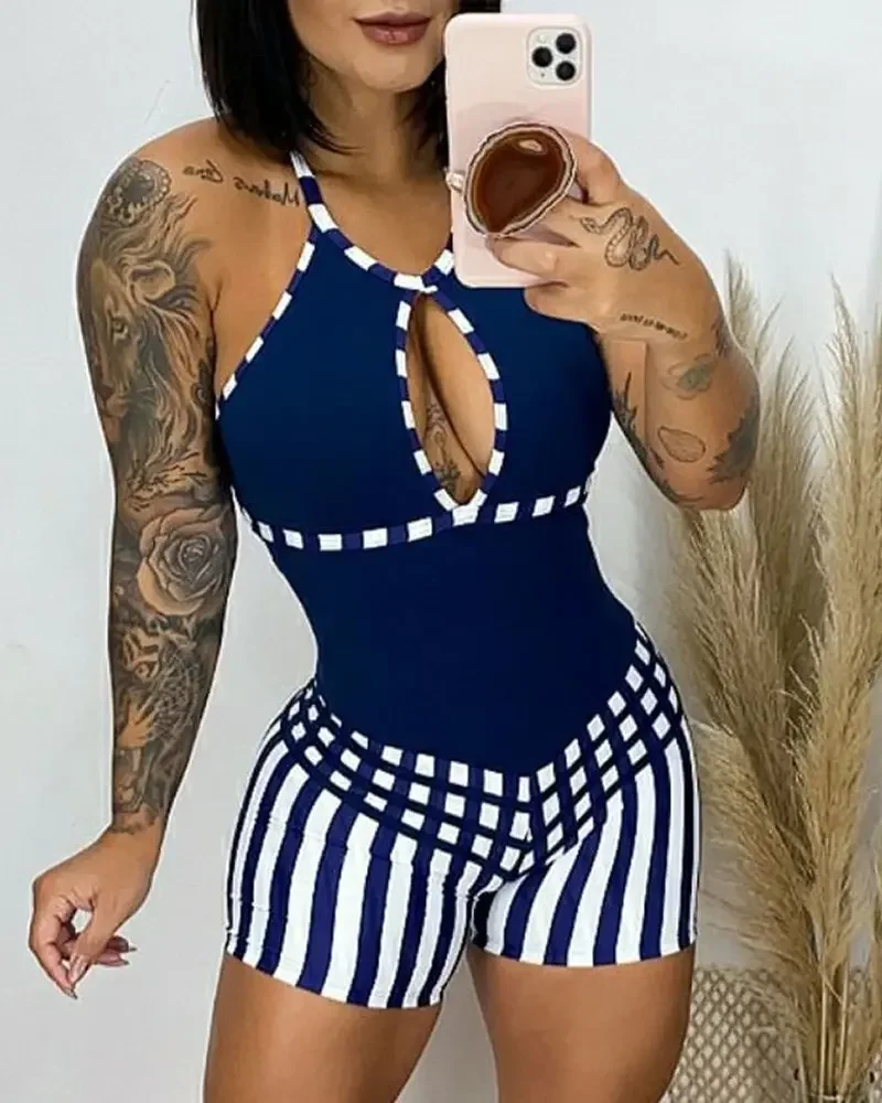 

Fashion Korean Skinny Playsuit Casual Elegant Streetwear Jumpsuit Women Short Halter Cutout Striped Print Backless Romper