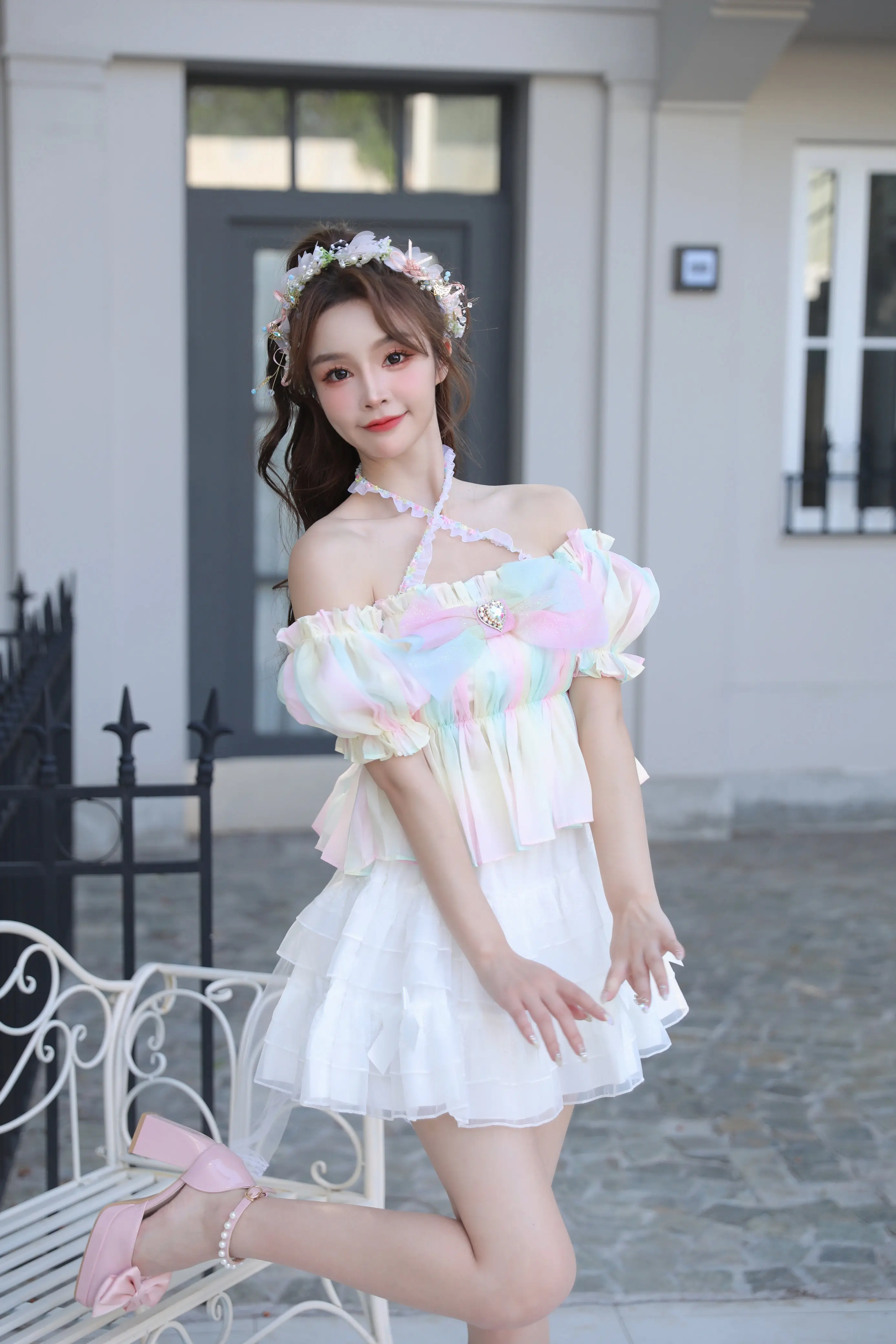 Красивая Милая женская блузка с радужным градиентом и блестками бантом Love Diamond