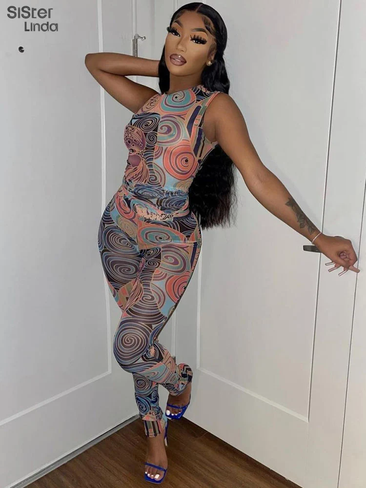 

Женский сетчатый комплект Sisterlinda, комплект из 2 предметов, облегающий эластичный прозрачный топ без рукавов и леггинсы с принтом пейсли, 2022