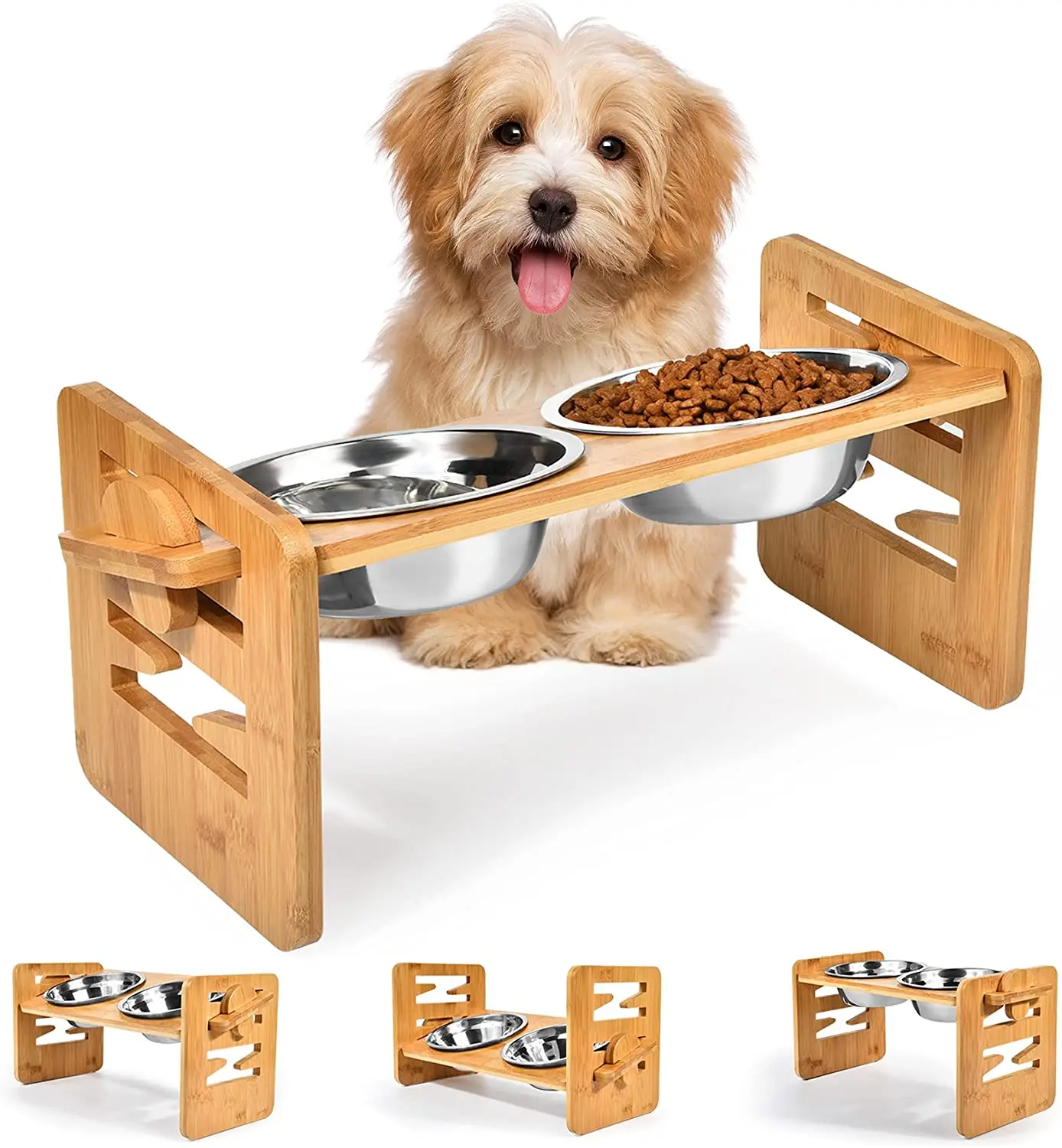 

Pet Supplies Bamboo Elevated Cat Bowl Dog Bowl with Holder Adjustable Feeder with Double Bowl Elevated Tilted Feeding Bowl