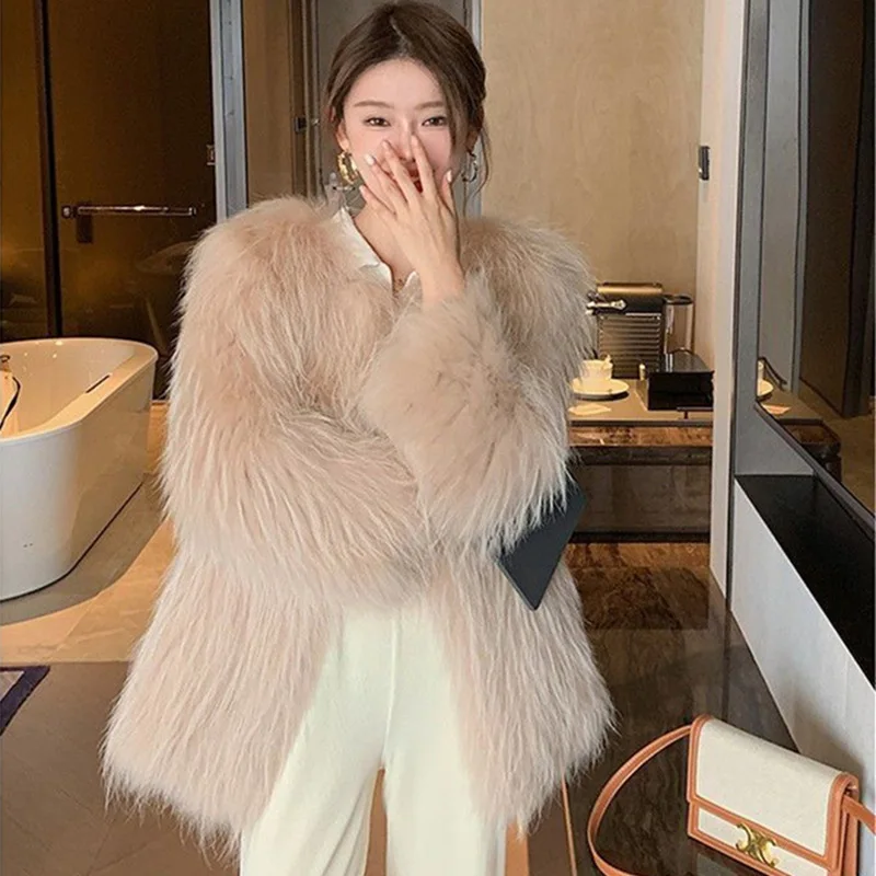 2022 Winter New 2-color Fox Fur Coat Women Mid-length Fashion Faux Fur Young Long-sleeved Round Neck Fur Coat Personality Street