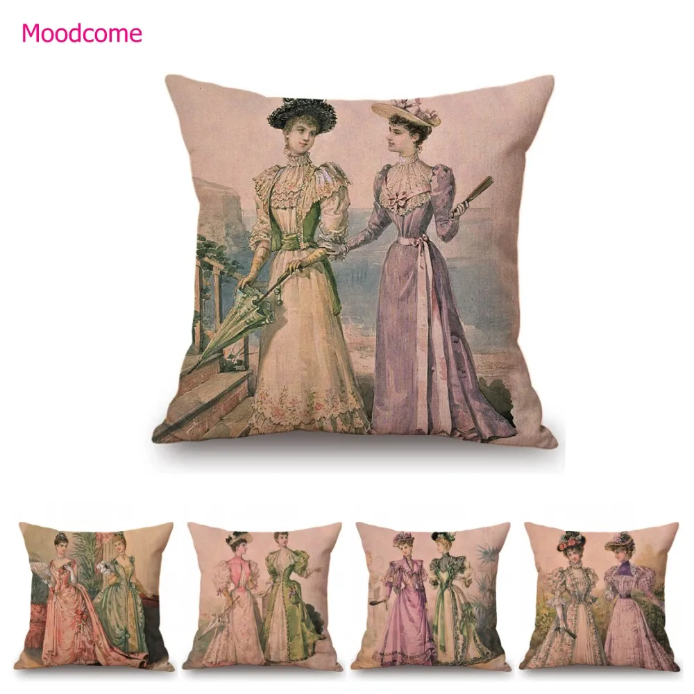 Elegant European Victorian Era Fashion Duchess Ladies Vintage Poster Royal Home Decorative Sofa Pillow Case Linen Cushion Cover