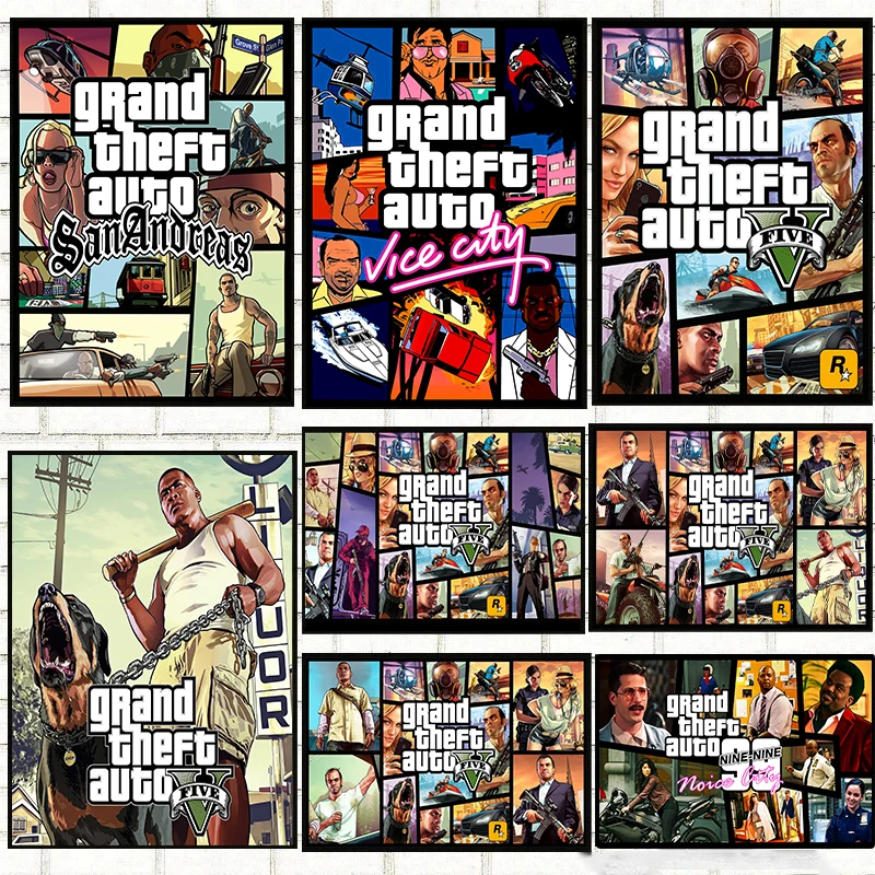 Автомобильный постер Grand Theft для видеоигр, Картина на холсте GTA 5, Настенная картина для современных геймеров, гостиной, украшение для дома